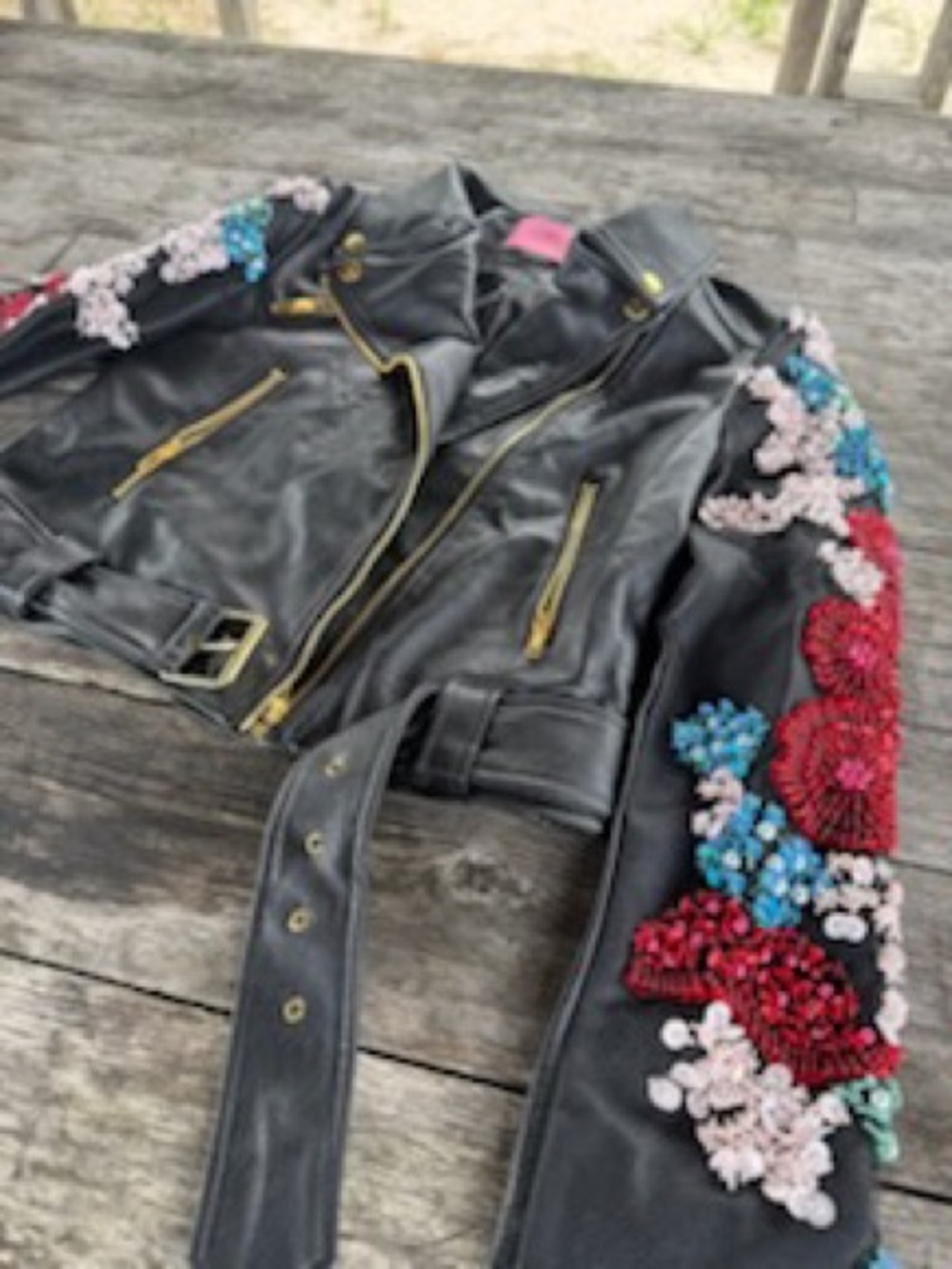 AZELA WANG Black Women's Faux Leather Moto Jacket with Embroidered beaded sm